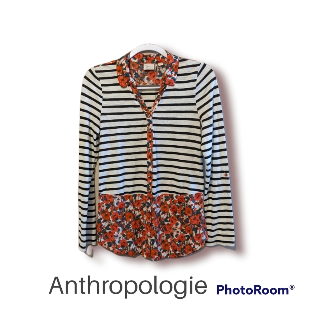 Anthropologie Postmark Striped Floral Blouse Size Small EUC